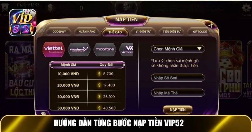 Hướng dẫn từng bước nạp tiền Vip52